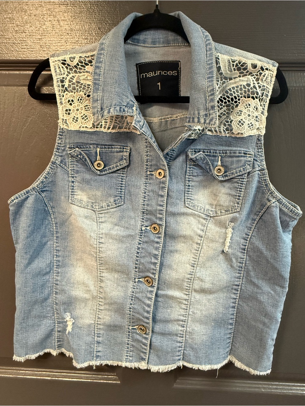 Maurices Light Blue Denim Vest with White Lace Shoulders